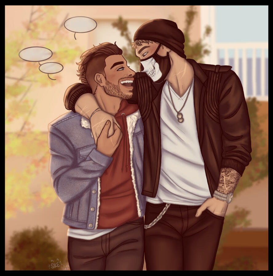Soap and Ghost from call of duty in casual clothes. Ghost has his arm around Soap's shoulder. They're smiling at each other.