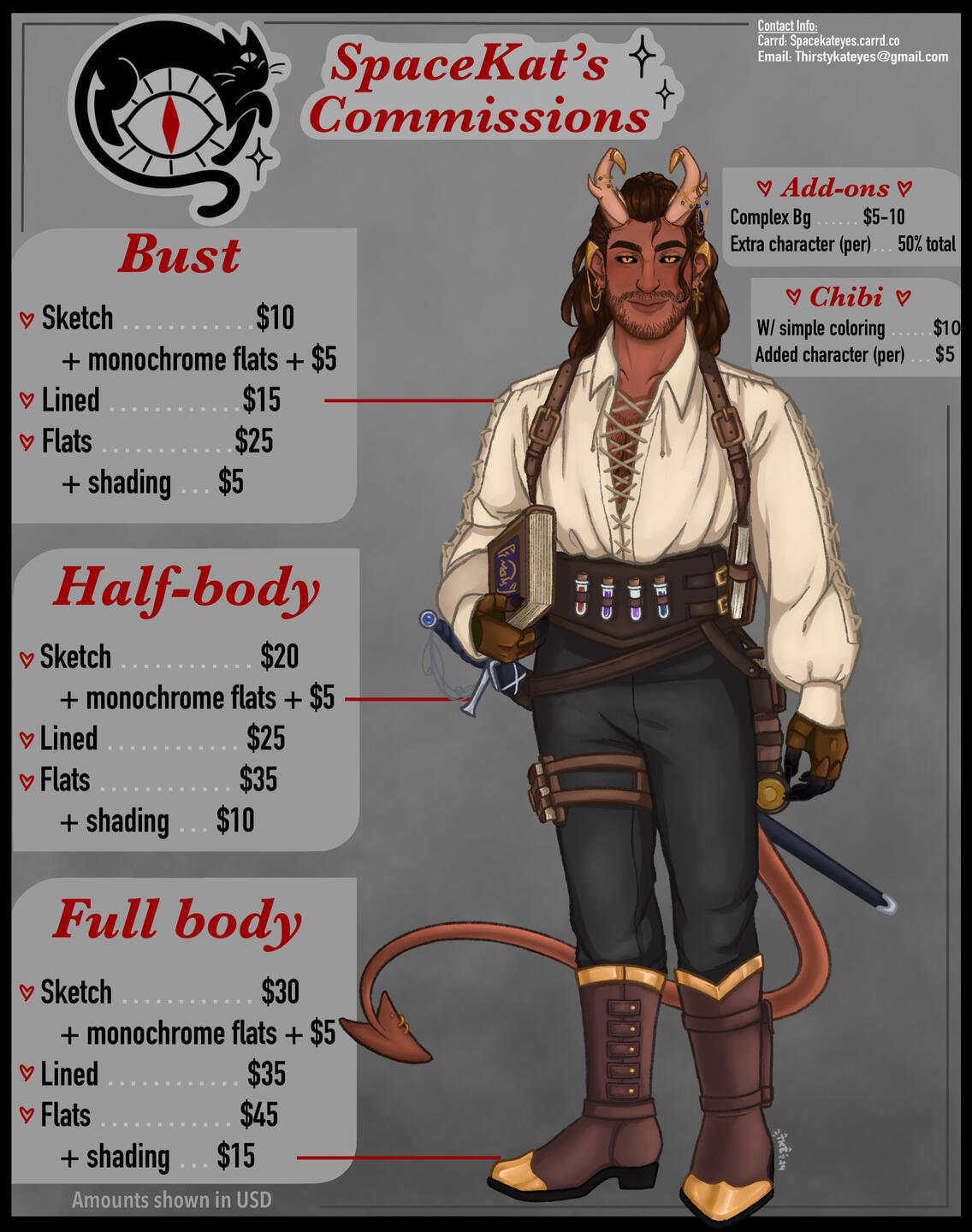 A pricing sheet with a smartly dressed red tiefling, lines gesturing to how much of a character will be drawn for the busy, half body and full body pricing tiers