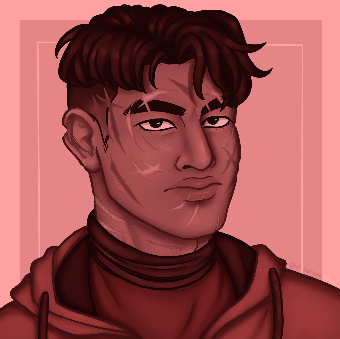 A fully rendered , pink monochrome drawing of Horangi from Call Of Duty. He has scars littered across his face, shaved sides and a serious expression on his face.