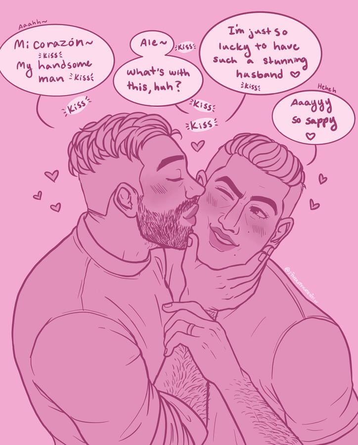 A waist-up drawing of two men, Alejandro and Rudy from Call of Duty. Alejandro is kissing Rudy's cheek while he's being kissed and blushes and smiles. Alejandro is singing a song and Rudy's is amused by it. Rudy is wearing a wedding ring