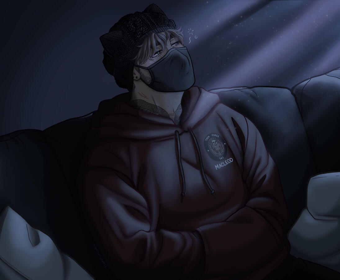 A fully rendered drawing of a man from the waist up, sitting on a couch. He looks sleepy with a beanie on his head and a face mask on. He's wearing a baggy sweatshirt with the 141 logo from Call of Duty on it. There's some dim light filtering in.
