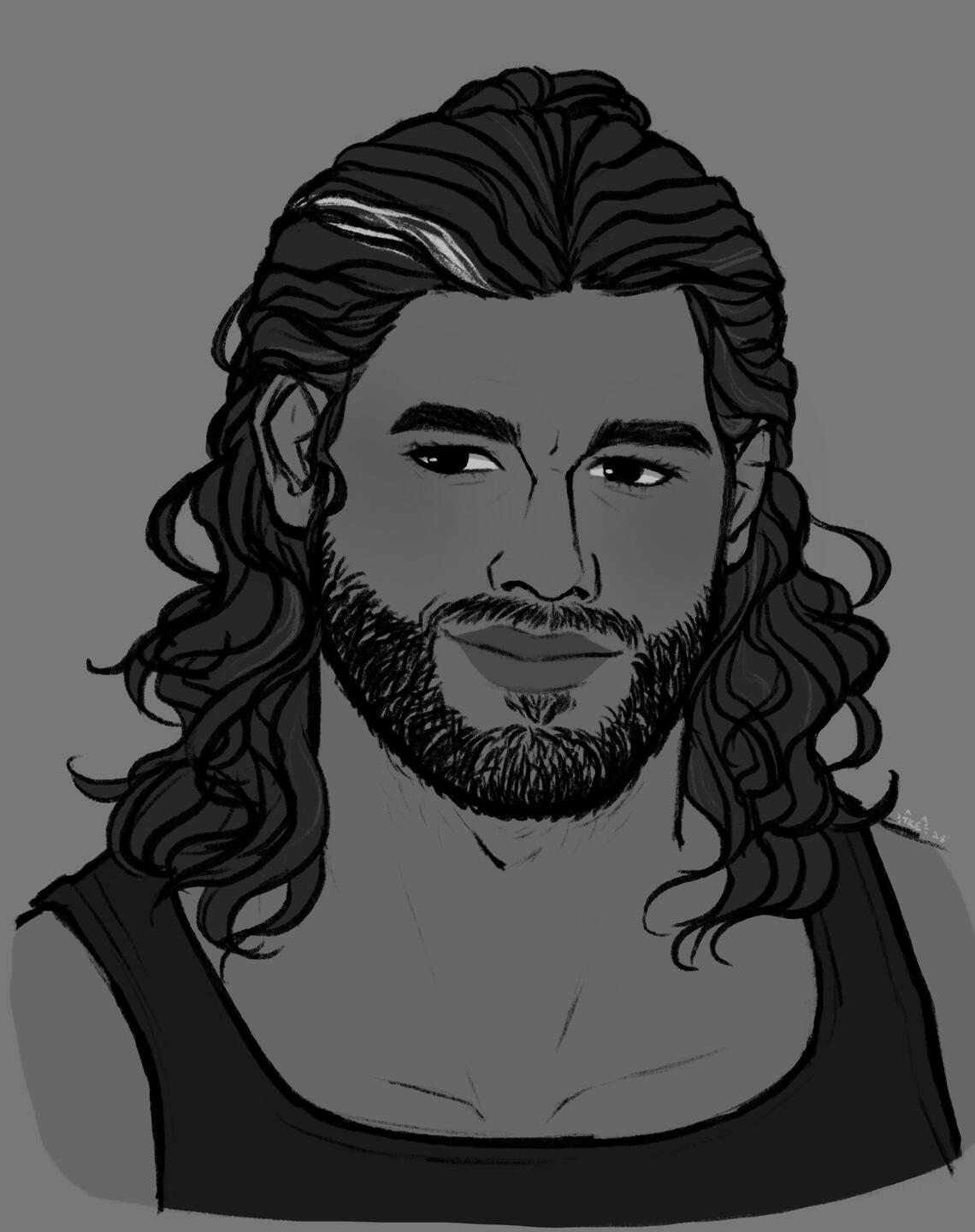 A greyscale bust drawing of a handsome man with curly long hair with a white streak in it. He's smirking while looking off to the side.