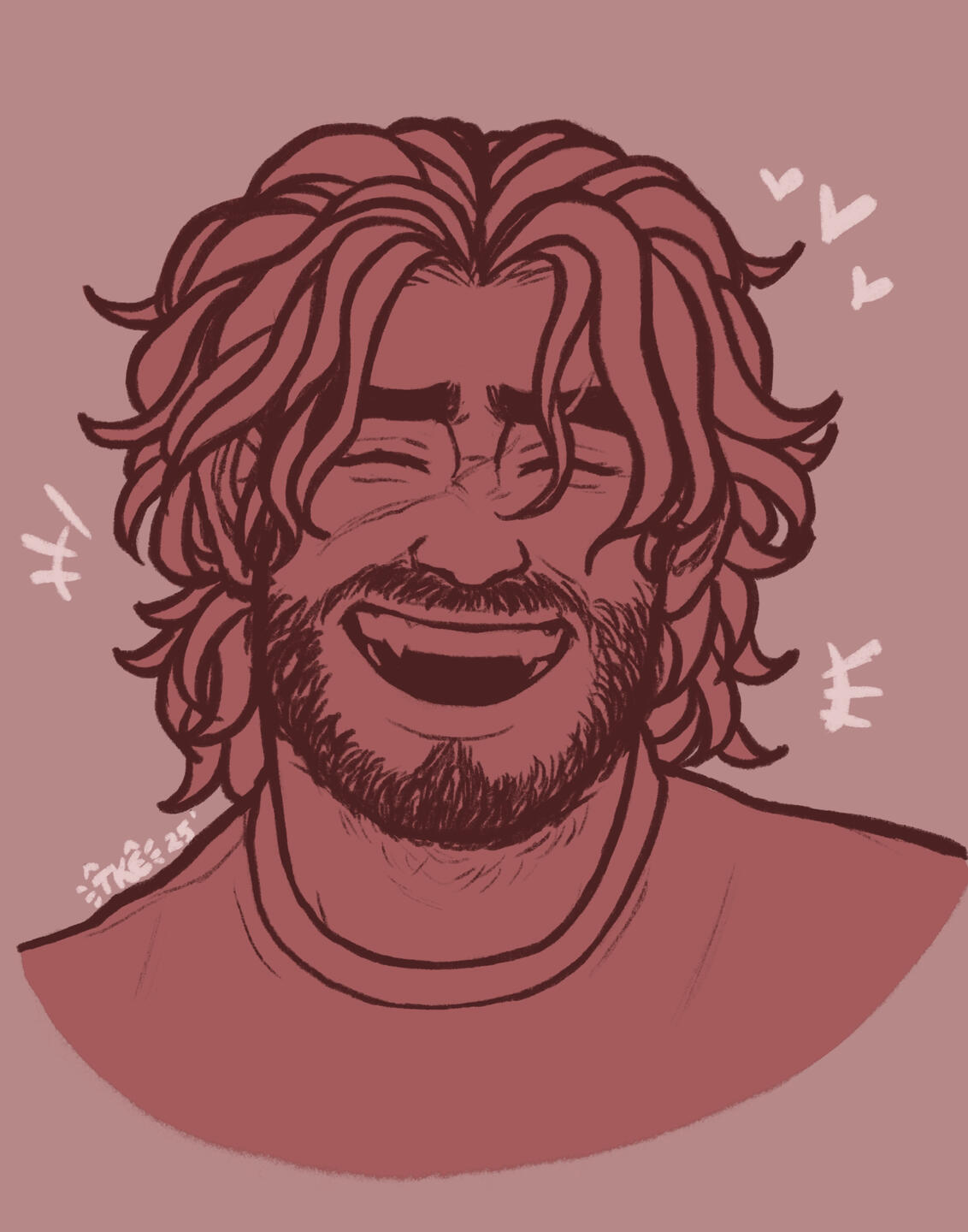 A pink drawing with cleaner lines and a flat single pink coloring. The drawing is of a widely smiling man with his mouth open and eyes and nose crinkled.